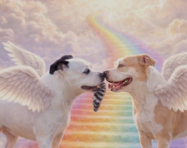 Phoebe finding her sister Sushi on the rainbow bridge